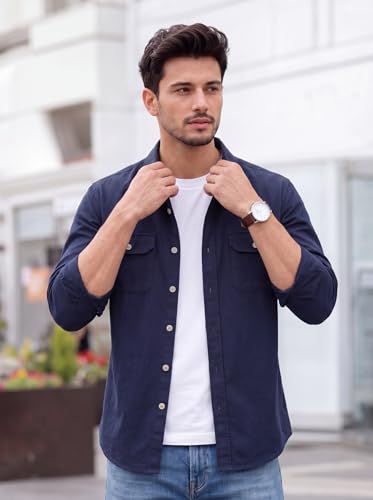 Image of Amazon Brand - INKAST Men's Cotton Blend Button Down Shirt | Long Sleeve Casual Lightweight Breathable Collared Shirts | Soft Comfortable Everyday Wear |Two Flap Chest Pockets |Using like Jacket Shirt