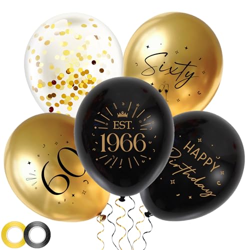 Black Gold 60th Birthday Balloons - 30pcs Birthday Decorations for Men and Women with Ribbon Sixty Latex Balloons for 60 Year Old Party Celebration