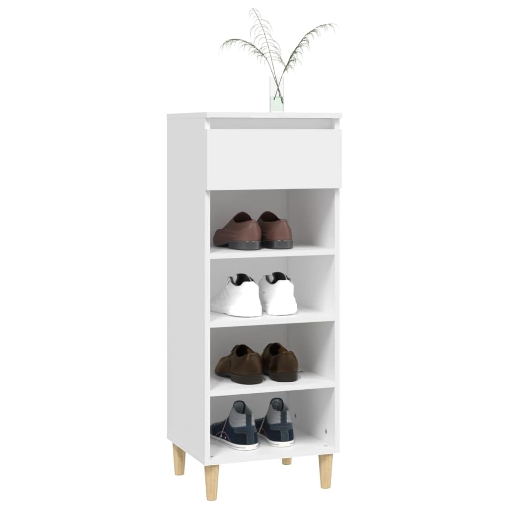 Zapatero blanco 40 x 36 x 105 cm de madera con 4 bolsillos abiertos y 1 cajón para almacenamiento, placa superior estable y patas de madera resistentes, armario de almacenamiento compacto