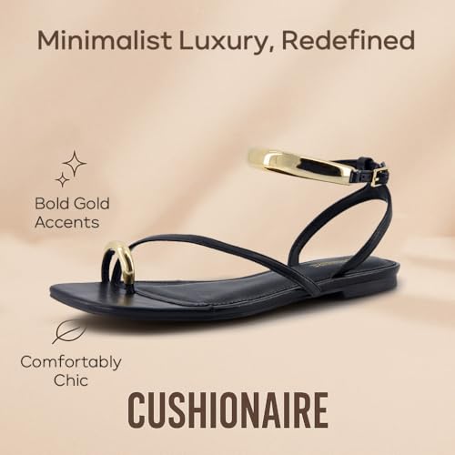 CUSHIONAIRE Secret Flat Sandals for Women with Gold Ankle Cuff and Toe Ring Strap, Vegan Leather Dress Sandals2