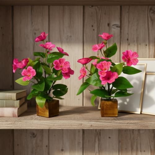 Image of fancymart Artificial Flower Plant Set of 2 with Wooden Pot - 23 cm Height | Real-Touch Faux Floral Decor for Home, Office, Living Room, Bedroom, Desk & Gift Purpose
