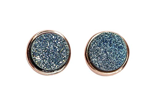 Blue Slate Druzy Stud Earring- Rose Gold Plated- Genuine Druzy Quartz Gemstone- 7mm- Women s Jewelry Christmas- Holiday- Gift Idea