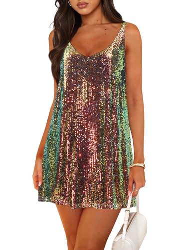Pungdra Women's Sequin Dress for Women Sparkly Glitter Black(with Gold Blue) Medium V Neck Shift Cocktail Disco Outfit Party Club Night Out Mini Dresses