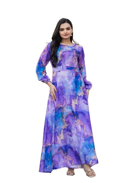 sarinku Lavender Nida Fabric No Transparency A-LINE Abstract Print Gown Bishop Sleeves with Elastic Cuffs with Belt Gown-picture-13