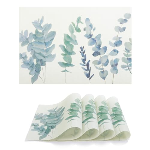 fanquare Manteles Individuales para Mesa 4 Salvamanteles de Hojas de Eucalipto Juego de Manteles Individuales Tejidos de PVC Salvamanteles Lavables Grandes para Cocina Boda Fiesta Comedor (45x30CM)