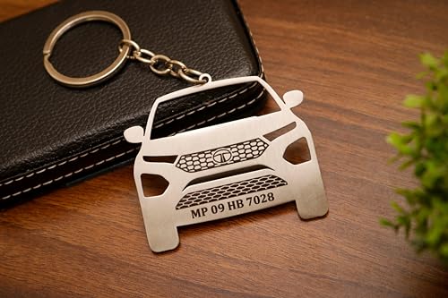 Image of Personalized Tata Harrier Design Car Model Metallic Keychain - Custom Engraved Key Ring with Number Plate, Best Gift For Car Lovers