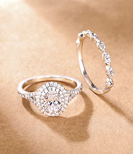 Tigrade 1.5Ct Bridal Ring Sets Oval Cut Cubic Zirconia Wedding Band Halo Cz Engagement For Women Size 4-11, Silver, Size 6 #TOP1