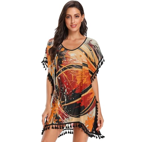 Hand Drawing Basketball Art Women's Beach Cover Up Chiffon Tassel Swimwear Swimsuit Coverups for Girl