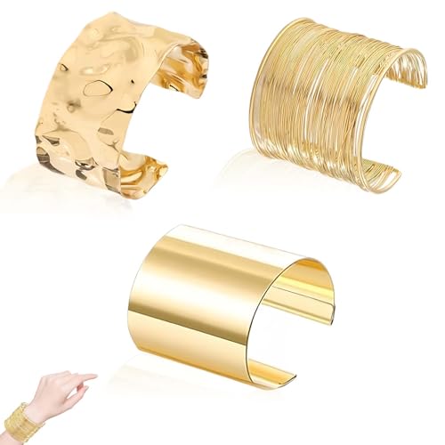 3PCS Chunky Gold Bracelet, Gold Bangle for Women Open Wide Wire Bracelets Adjustable Armband Set for Girls Bangles for Womens Wide Open Cuff Bracelet for Women Chunky Line Design