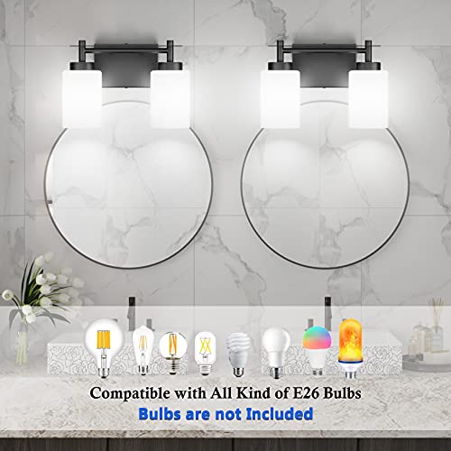 Image of Aipsun Black Bathroom Vanity Lights Fixtures Vintage 2 Lights Sconces Industrial Vanity Lighting Fixtures Milky Glass Shades(Exclude Bulb)