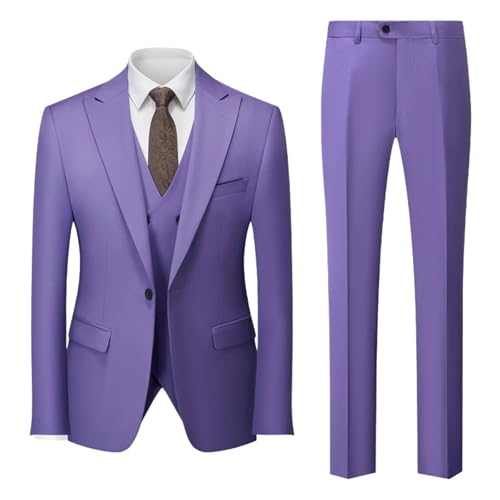 Men Solid Color Wedding 3 Piece Party Business Casual Slim Blazers Vest Pants Set Lavender