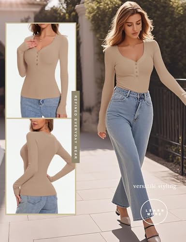 Women's Long Sleeve V Neck Shirt Sexy Henley Tight Slim Fitted Going Out Top Ribbed Button Fall Fashion 20254