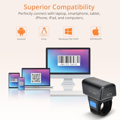 JRHC 1D 2D Bluetooth tragbarer Ring Barcode Scanner, tragbarer Mini Barcode-Barcode-Leser mit 2,4-GHz-Wireless- und USB-Kabelverbindung