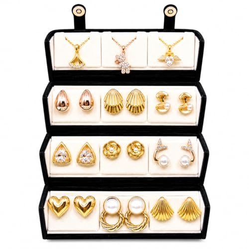 Image of BinsAura 12 Piece Jewellery Gift Set for Women with Premium Jewellery Box | 9 Korean Stud, Hoop & Drop Earrings + 3 Pendant Necklace Set | Fashion Jewellery Combo for Girls | Birthday, Anniversary, Wedding Gift