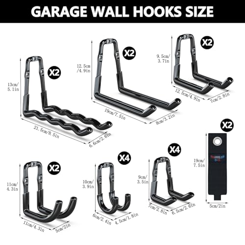 Image of 3-H Super Heavy Duty Garage Wall Hooks 18 Pack, One-Piece Construction Garage Wall Hooks, Garage Hanger & Organizer Wall Mount for Ladders, Bikes, Chairs, WeedEaters, Shovels, Garden Tools (Black)