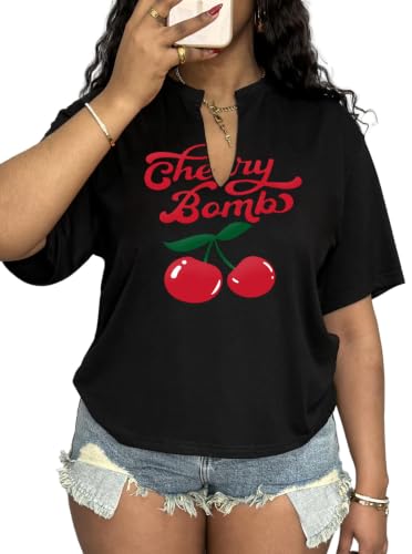 LovelyWholesale Womens Graphic Tees V Neck Short Sleeve T Shirt Loose Casual Summer Tops Black Cherry Two N XX-Large