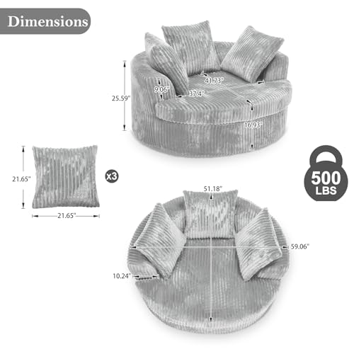 Image of 59 inch Oversized Chaise Lounge Chair Indoor, Round Corduroy Chaise Lounge Sofa Bed with Throw Pillows and Backrest, Plush Sleeper Chair Bed for Living Room Bedroom,No Assembly Required