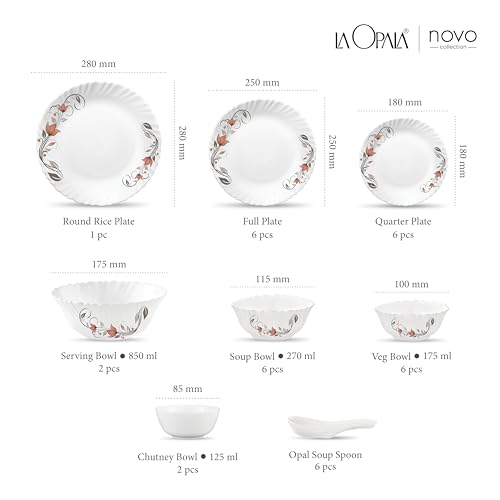 Image of La Opala Novo Collection Opal Glass Crockery | for Family of 6 | Dinner Set 35 pcs Scarlet Blooms | Plates & Bowls for Dining | Microwave Safe | 100% Vegetarian | Extra Strong | Light & White