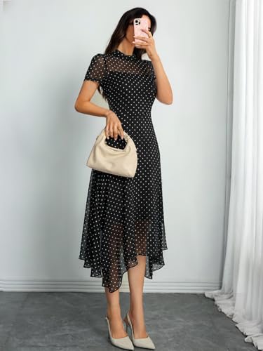 Image of GothDark Women Summer Wedding Guest Floral Mesh Irregular Hem Midi Dress | A-Line, Short Sleeve, Sheer Mesh Overlay, Elegant Vintage Dresses For Party, Semi Formal, Vacation, Dinner, Church