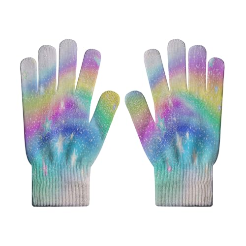 MLSOWM Women Colorful galaxy Knitted Gloves Winter Breathable Soft Hand Slip er Touch Screen Rainbow colors Gloves for Cell Phones Tablets Elastic Cuff Knit Stretchy Material