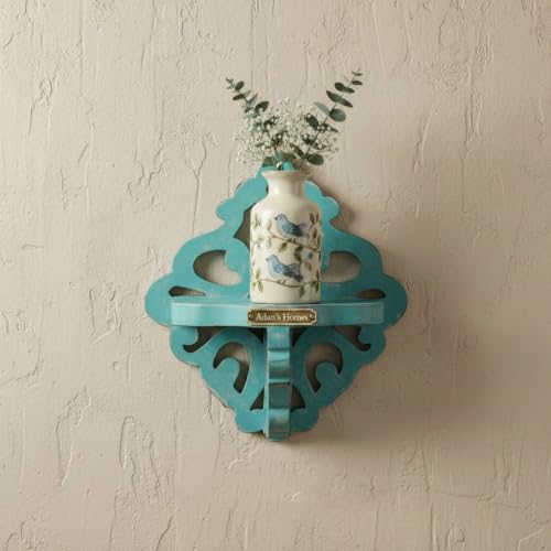 Image of Adan's Homes Shelf Wooden Wall Mounted Distressed Blue Color 23 x 20 X 11 CM Pack of One French Country Style Elegantly Floral Hand Crafted for Home and Office Decor AHSLF28BL