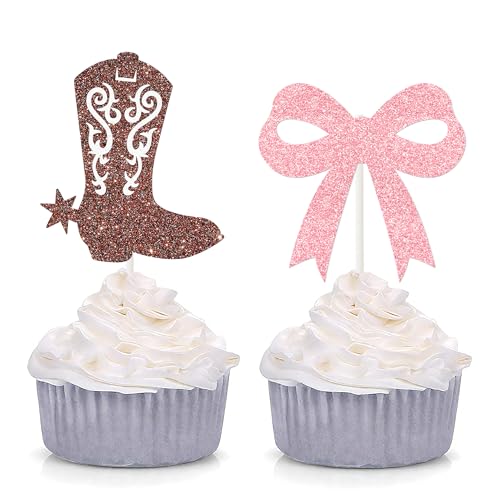 Boots or Bows Cupcake Toppers 24PCS Glitter Boy or Girl Cupcake Picks Boots Bows Cake Decorations for Western Themed Gender Reveal Baby Shower Boys Cowgirls Birthday Party Supplies