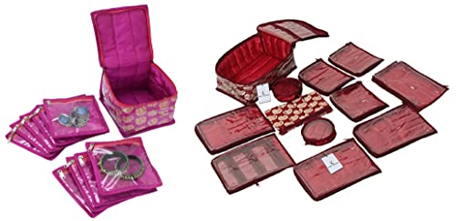 Kuber Industries Brocade Jewellery Organizer with 12 Pouches, KUB582 (Maroon) & Brocade Jewellery Kit, Wedding collection Gift with 10 Pouches (Pink)-KUBMART15350, Pack of 1