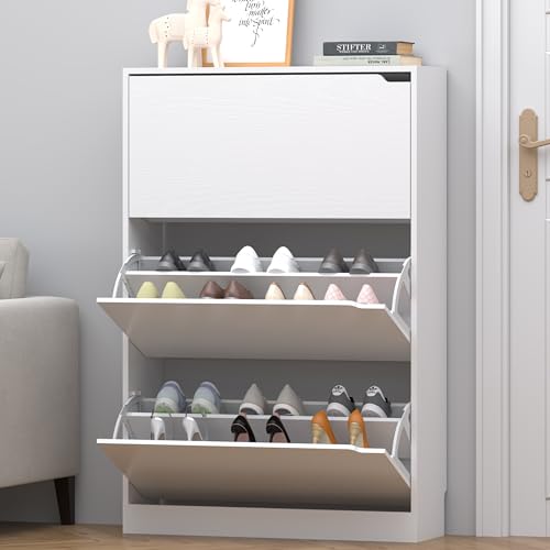 Image of Shoe Storage Cabinet for Entryway, White Shoe Cabinet with 3 Flip Drawers, Hidden Shoes Rack Freestanding Storage Organizer for Entryway,Closet, Living Room,Hallway 47.24 inchH x 31.50 inchW x 9.44 inchD