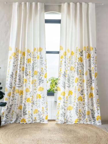 Image of Tranquebar Curtain Co. Window Curtains 5 Feet, Cotton Curtains, 60-65% Room Darkening, Yellow Floral Print, Yellow Curtains, BackTabs, Mazzo (152 cm) - 1 Piece