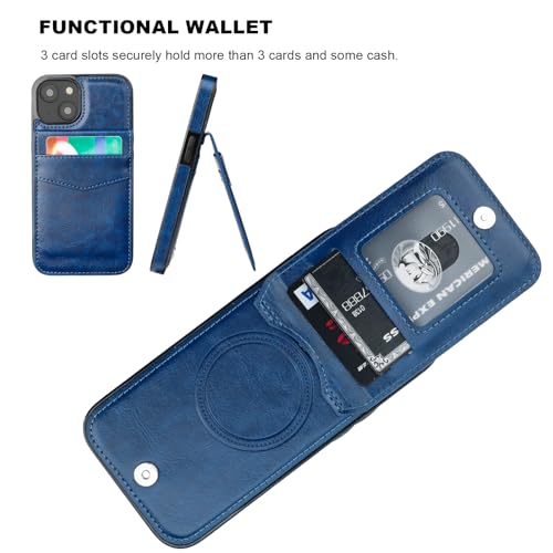 Image of KIHUWEY for iPhone 13 Case Wallet Compatible with MagSafe Wireless Charging, Credit Card Holder, RFID Flip Leather Magnetic Clasp Kickstand Heavy Duty Protective Cover 6.1 Inch (Blue)