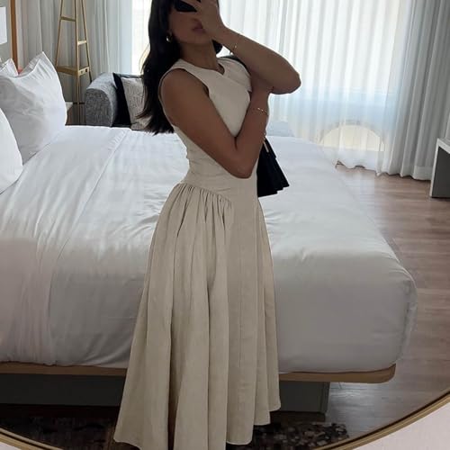 Women's Side Pleated Sleeveless Medium Length Linen Single Button Tight Corset Hollowed Out MIDI Dress3