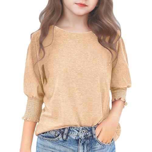 Girls 3/4 Ruffled Sleeve Shirt Loose Puff Sleeve Lightweight Fall Tops Kids Smocked Crewneck Trendy Cute Clothes