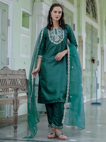 Image of VredeVogel Women's Silk Blend Embroidered Kurta with Pant & Dupatta Set