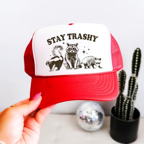 Image of Stay Trashy Funny Raccoon Graphic Classic 5 Panel Mesh Snap Back Trucker Hat