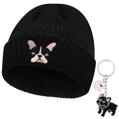 Geyoga Französische Bulldogge Geschenk Strickmütze Wintermütze Beanie mit Aufgesticktem Französischen Hund und Kleiner Bulldogge Schlüsselanhänger für Hundeliebhaber Geburtstag Weihnachten(Schwarz)