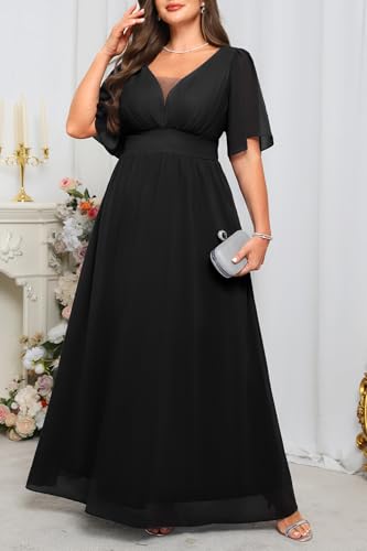 Plus Size Formal Dresses - V Neck Flutter Sleeves Evening Gowns Bridesmaid Wedding Guest Chiffon Long Maxi Dress3
