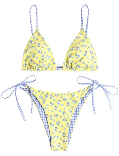 Image of ZAFUL Women's Triangle Bikini Floral String Bikini Set Two Piece Swimsuit Bathing Suits