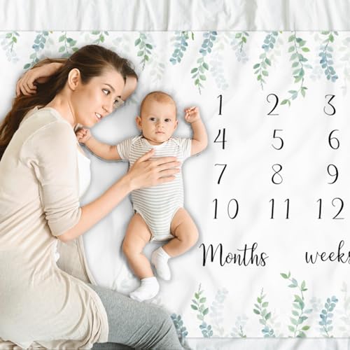 Image of Baby Milestone Blanket 60''x40'' Eucalyptus Leaves Newborn Photography Props Blanket for Boy & Girl Personalized Shower Props Baby Age Blanket to Record Baby Milestones with Frame