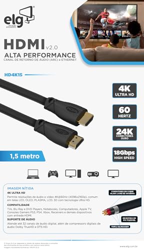 Image of Elg HDMI Cable 2.0 with eARC, 4K @ 600Hz, UHD Resolution, 1.5Mtr(5 feet)18 Gbps Transmission, Ultra High Speed, Supports Dolby | DTS | 3D, Gold Plated, Male-to-Male.1 year Warranty.HD4K15