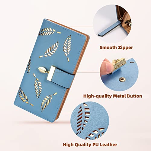 Image of Sweet Cute Chocolate Women's Long Leaf Bifold Wallet Leather Card Holder Purse Zipper Buckle Elegant Clutch Wallet Handbag for Women-Blue