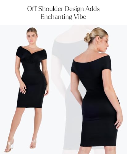 Image of Popilush Women's Shapewear Midi Dress Off Shoulder Wrap V Neck Formal Wedding Guest Cocktail Dresses Bodycon Evening Gowns