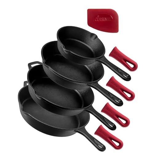 Cuisinel Cast Iron Skillet Set - 4-Piece Chef Pan - 6" + 8" + 10" + 12"-Inch + 4 Heat-Resistant Handle Holders - Pre-seasoned Oven Safe Cookware - Indoor/Outdoor Use - Grill, Stovetop, Induction Safe