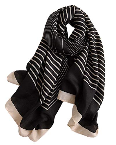 stylesilove Women Girls Elegant Striped Print Oblong Cotton Linen Scarf Lightweight Autumn Wrap Shawl