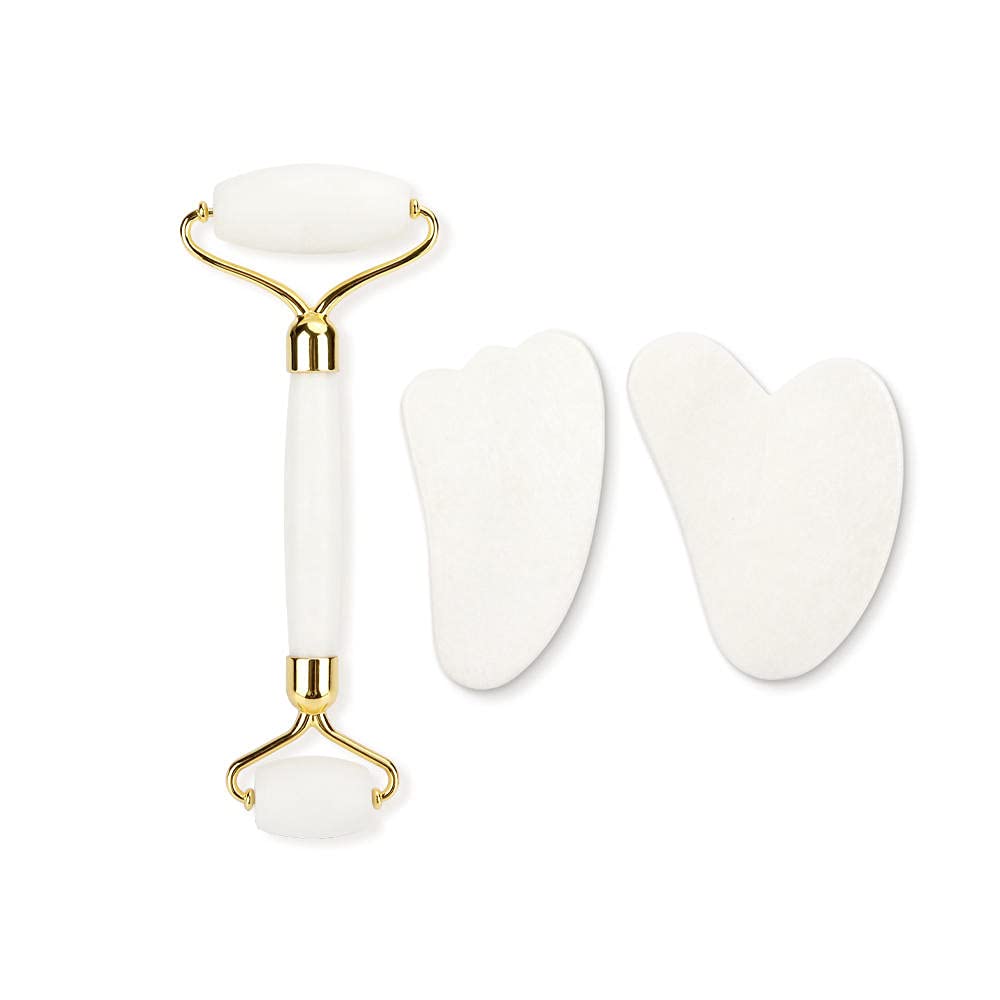Rolo de masaje Facial guasha placa conjunto cabeças duplas Jade Pedra Face Lift Corpo relaxamento da Pele emagrecimento beleza pescoço fino elevador-3 Set no Box