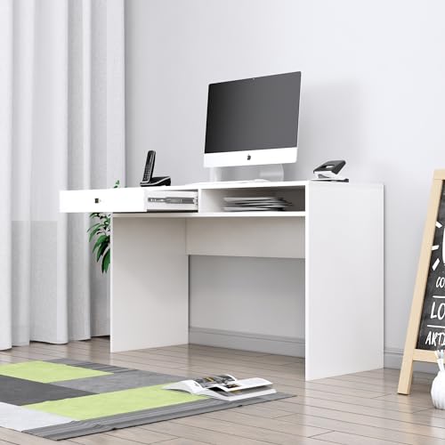 Image of Bniture Wooden Study Table for Home | Engineered Wood Study Table with Storage Shelf & Drawer | Multi Purpose Computer Desk for Writing & Study | Laptop Table for Study Room & Office | Frosty White