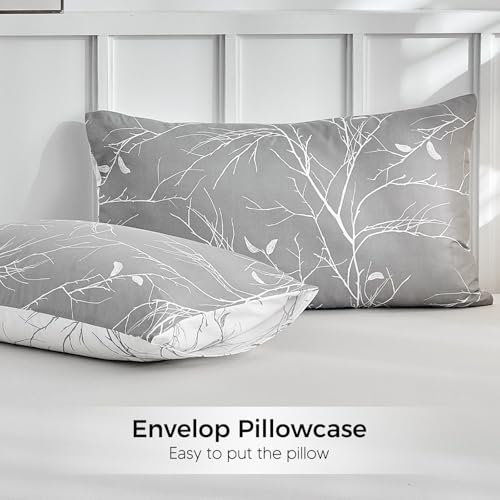 Image of Lekesky Duvet Cover Queen Size with Fitted Sheet - 4 Pieces Printed Soft Bedding Set, Includes 1 Duvet Cover 90x90 Inches with Zipper Closure & 8 Ties, 2 Pillow Cases, 1 Fitted Sheet, Grey Leaves