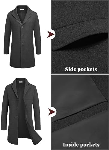 COOFANDY Men's Winter Coats Grey Lapel Collar Trench Coats Men Slim Fit Mid Long Overcoat Regular Fit Soft Woolen Coat Dark Grey M