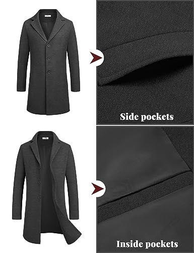 COOFANDY Men's Winter Coats Grey Lapel Collar Trench Coats Men Slim Fit Mid Long Overcoat Regular Fit Soft Woolen Coat Dark Grey M4