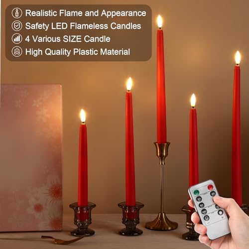 Image of Rossesay 16 Pcs Red Flameless Taper Candles Battery Operated Candles with Remote Timer 8.5 inch 9.6 inch 10.8 inch 12.8 inch LED Flameless Flickering Candlestick for Halloween Christmas Wedding Party Decor