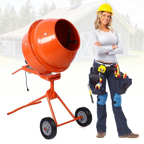 4.6 Cu. Ft Electric Cement Mixer, 370W 1/2 HP Portable Concrete Mixer with Wheels and Stand, Heavy Concrete Mud Mixer Tools, Adjustable Tilt for Mortar Stucco Seeds and Fodder, Orange-1